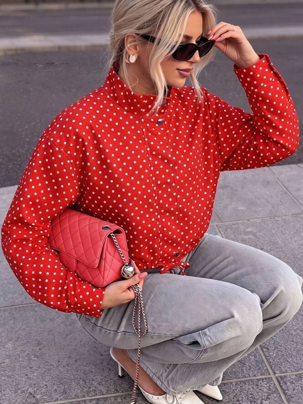 Autumn/Winter Vintage Red Polka Dot Cinched Waist Stand Collar Long Sleeve Cropp